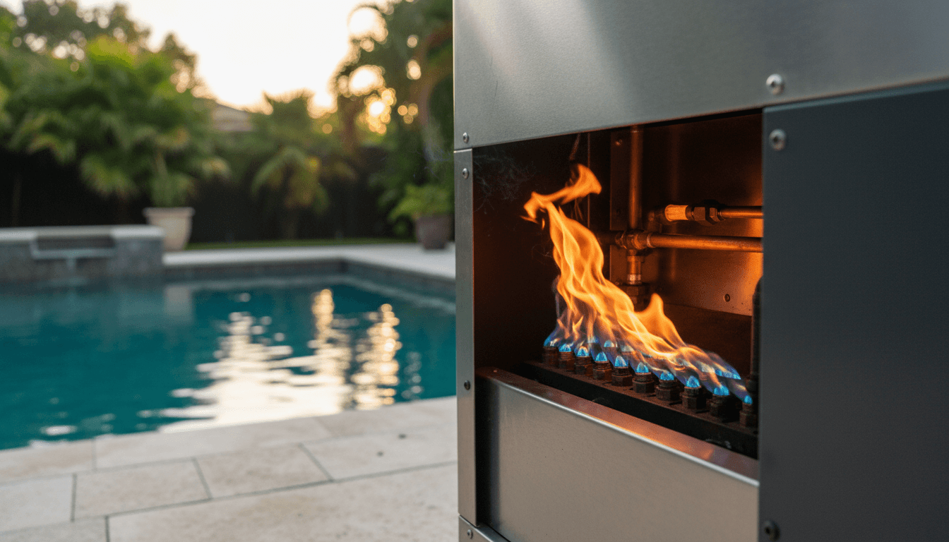 Close up of gas pool heater with blue flame ignited