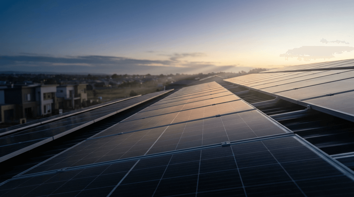 Residential rooftop covered with organized photovoltaic solar panels under blue sky with golden sunlight