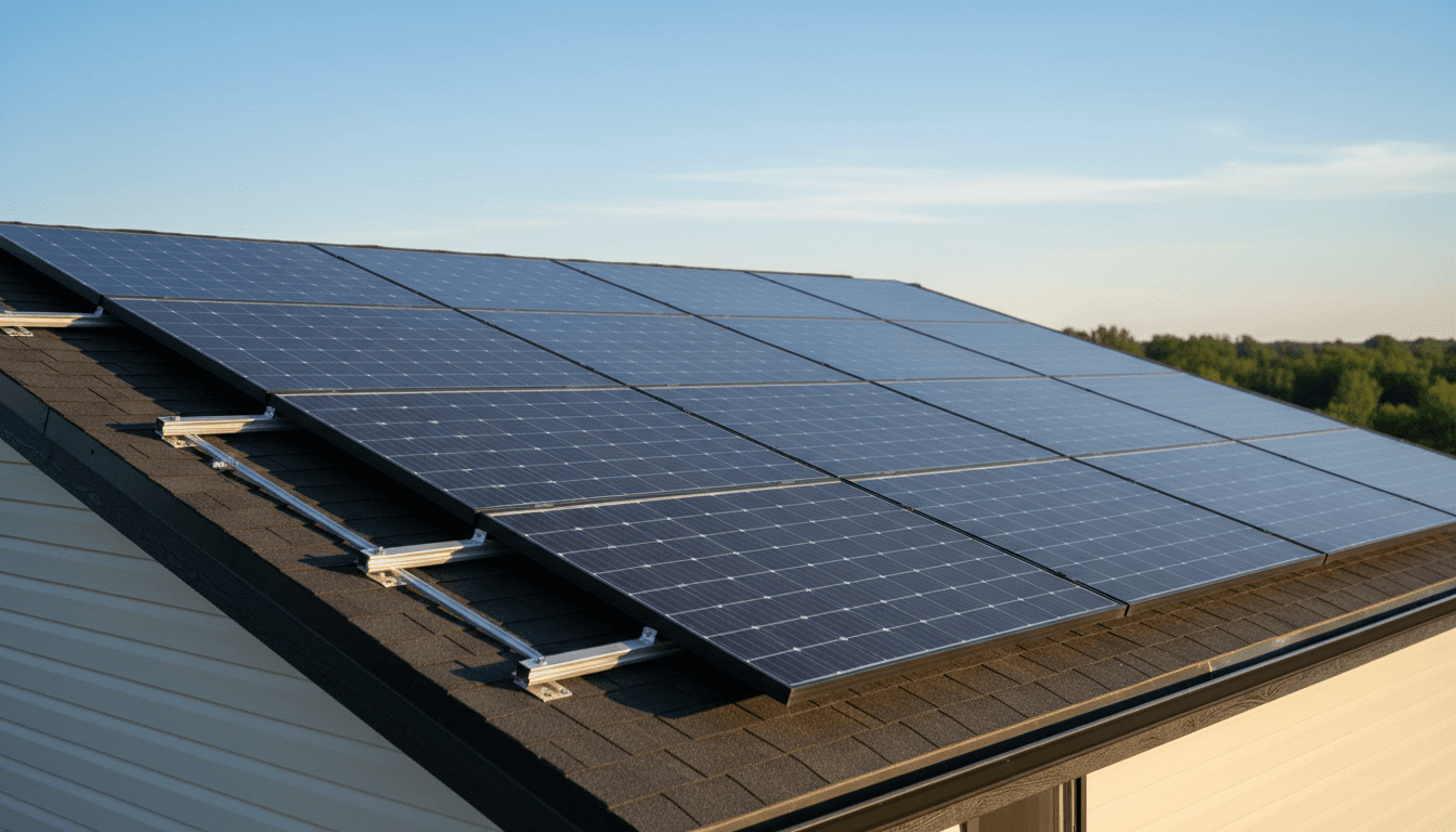 Solar panels on a residential roof under bright sunlight
