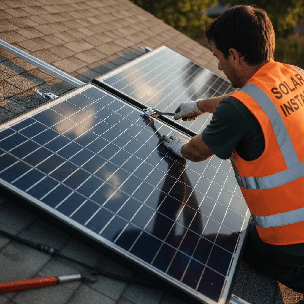Technician's hands installing solar panel mounting hardware on residential roof during golden hour light