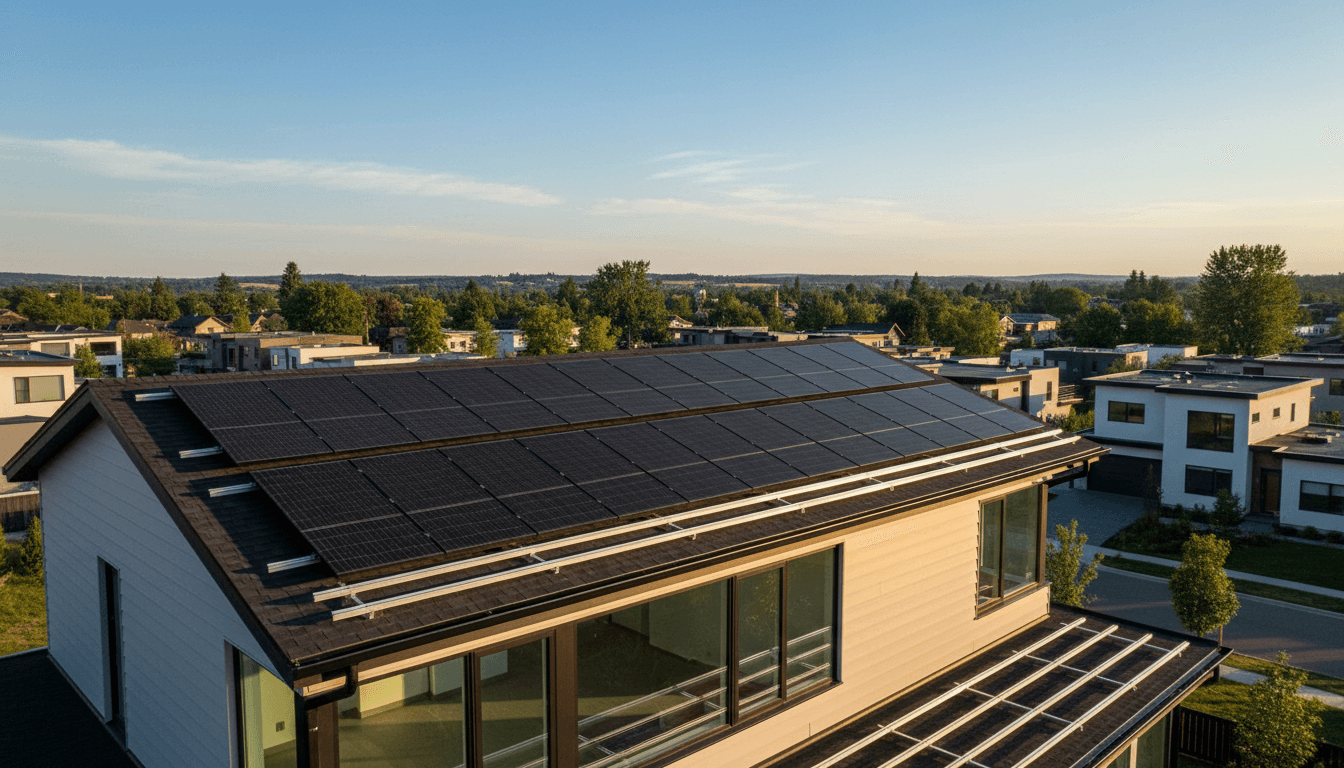 Solar panels installed on a residential roof with blue sky