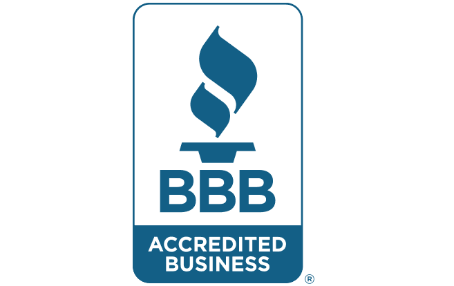 Blue and white Better Business Bureau logo featuring a torch and "BBB Accredited Business" text.