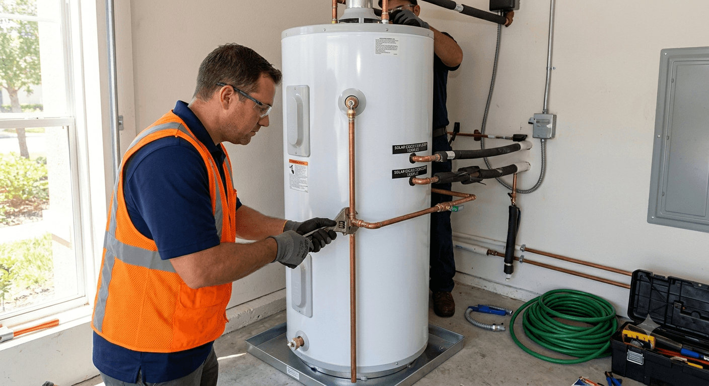 Technician in an orange safety vest repairs a large white water heater with a wrench.