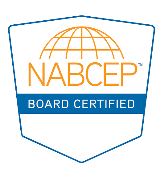NABCEP Board Certified logo featuring an orange globe icon and text inside a blue shield.